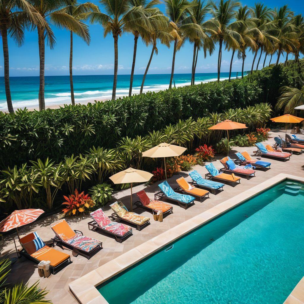 A stylish poolside scene featuring a diverse group of people showcasing the latest swimwear trends, with bright summer colors and playful patterns. In the background, a stunning beach waves display creates a perfect summer vibe. Include vibrant tropical decorations around the pool, like palm trees and colorful lounge chairs. The scene should evoke a sense of fun, luxury, and fashion-forward thinking. super-realistic. vibrant colors. beach setting.